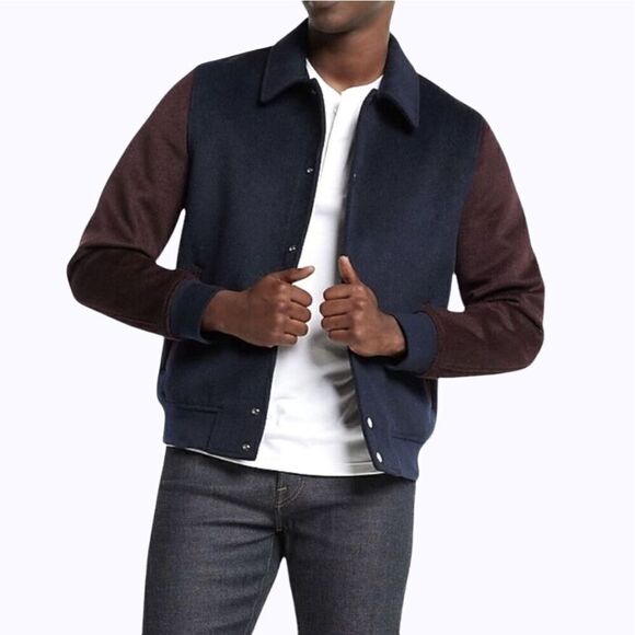 EXPRESS Color-block Wool-blend water-resistant bomber jacket Size L - Picture 1 of 9